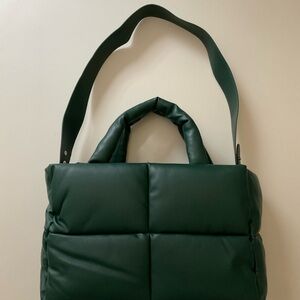 NEW Faux Leather Quilted Puffy Shoulder Purse Small Puffer Tote Bag Dark Green